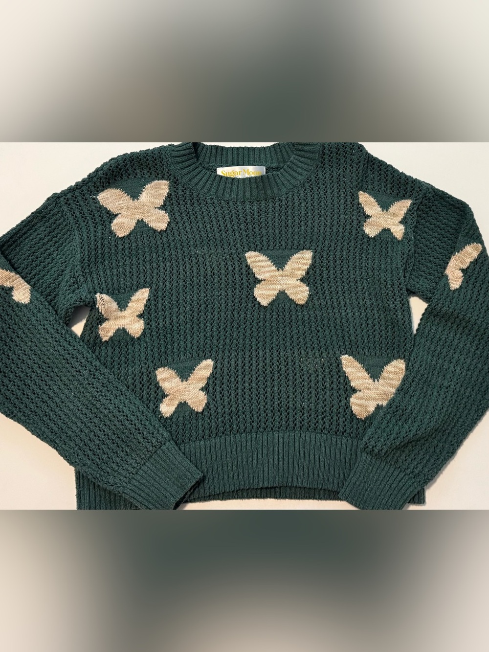 Dark Green Crewneck Sweater with Cream Butterfly Motif